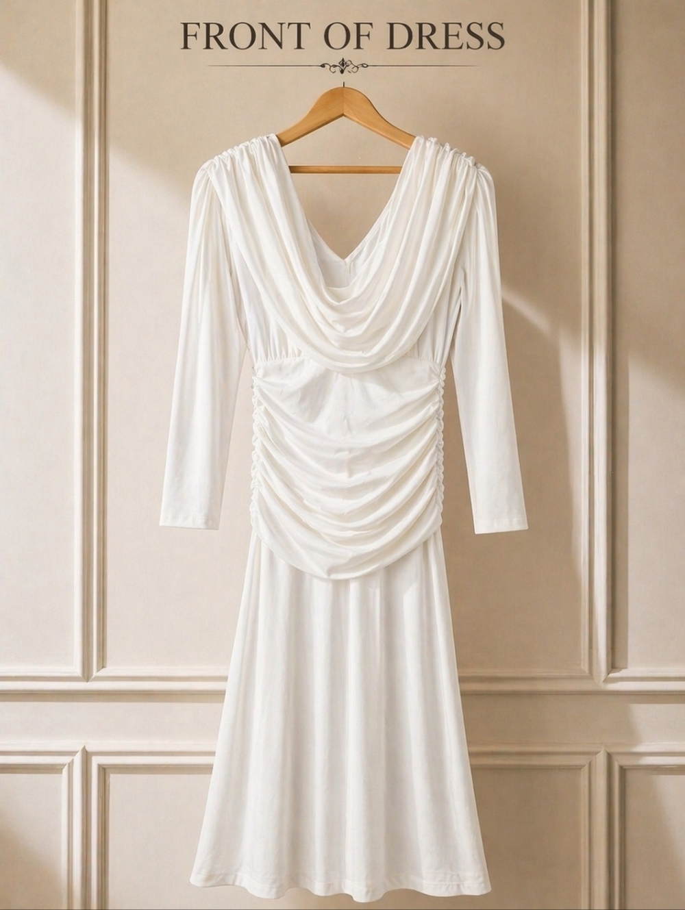 White Showstopper 🤍 Ruched Bodycon Dress w/ Draped Cowl Neck – Size M